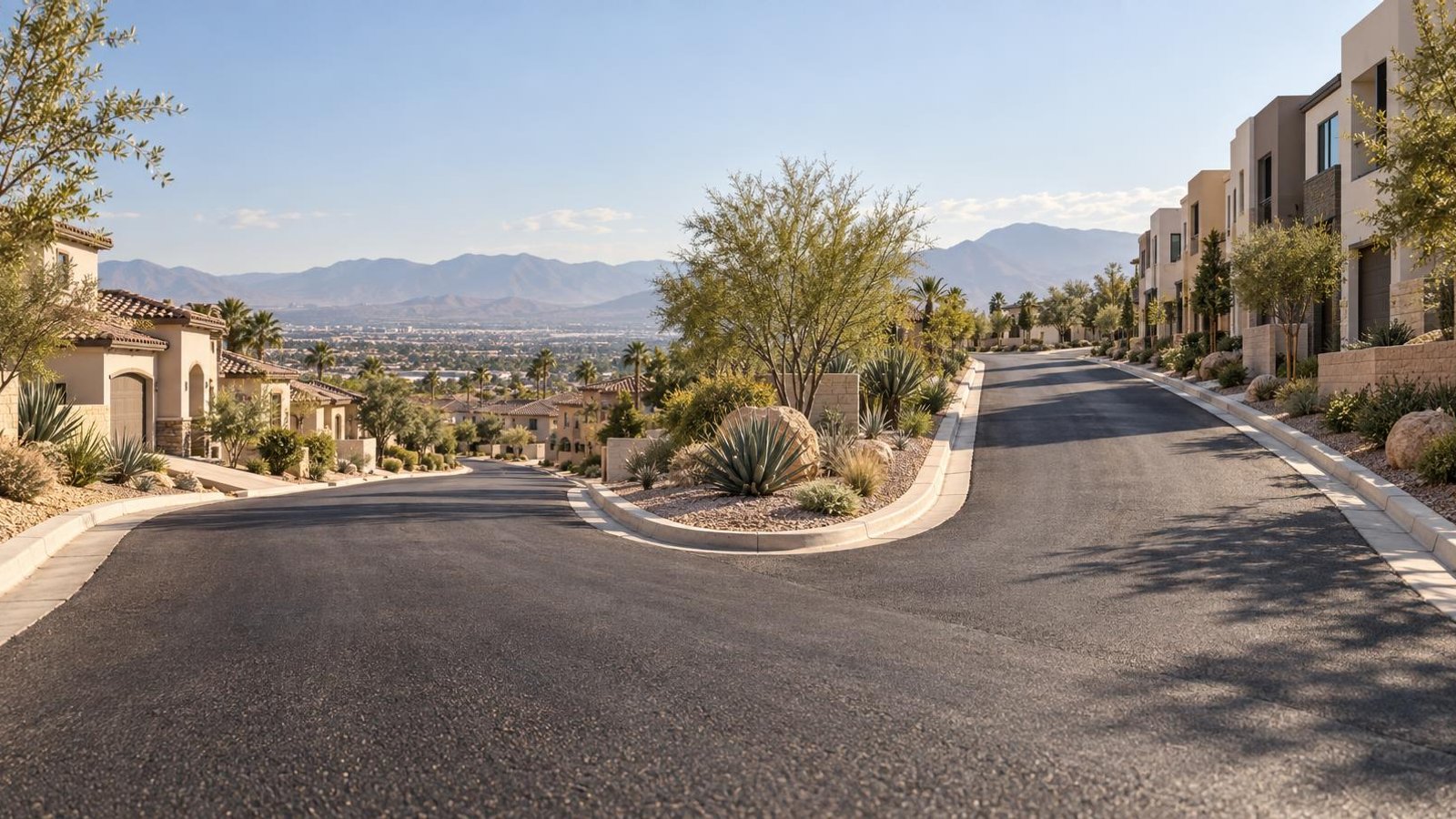 An empty road forks between tiled-roof houses and modern townhomes, with desert plants, distant mountains, and long shadows in warm sunlight.