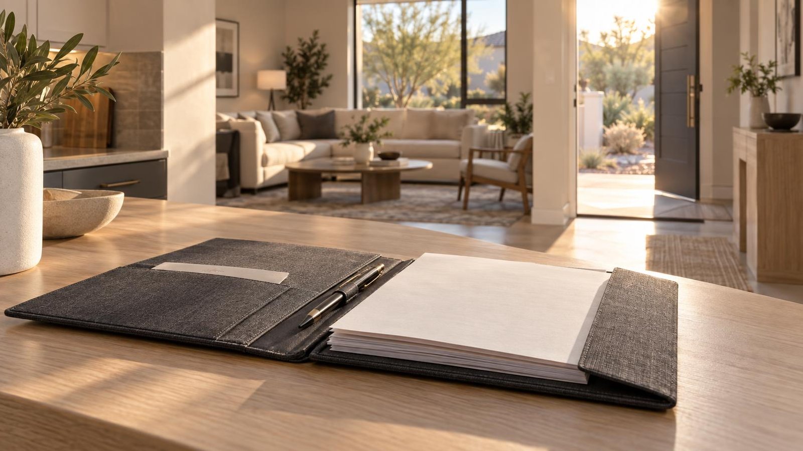 An open charcoal folio with blank papers and a metal pen rests on a wooden counter, with a furnished living room and open doorway beyond in warm sunlight.